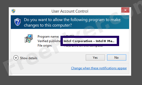 Screenshot where Intel Corporation - Intel® Management Engine Firmware appears as the verified publisher in the UAC dialog